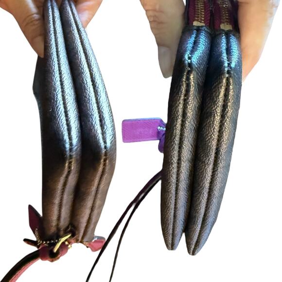 Coach Double Zip Brown & Fuchsia Wristlet Wallet - Picture 5 of 9